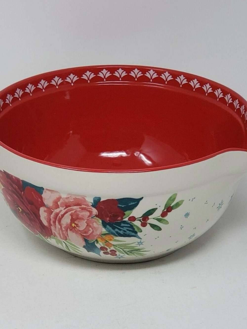 The Pioneer Woman Cheerful Rose Cream and Red Floral Mixing Bowl with Spout